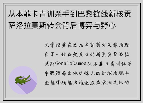 从本菲卡青训杀手到巴黎锋线新核贡萨洛拉莫斯转会背后博弈与野心